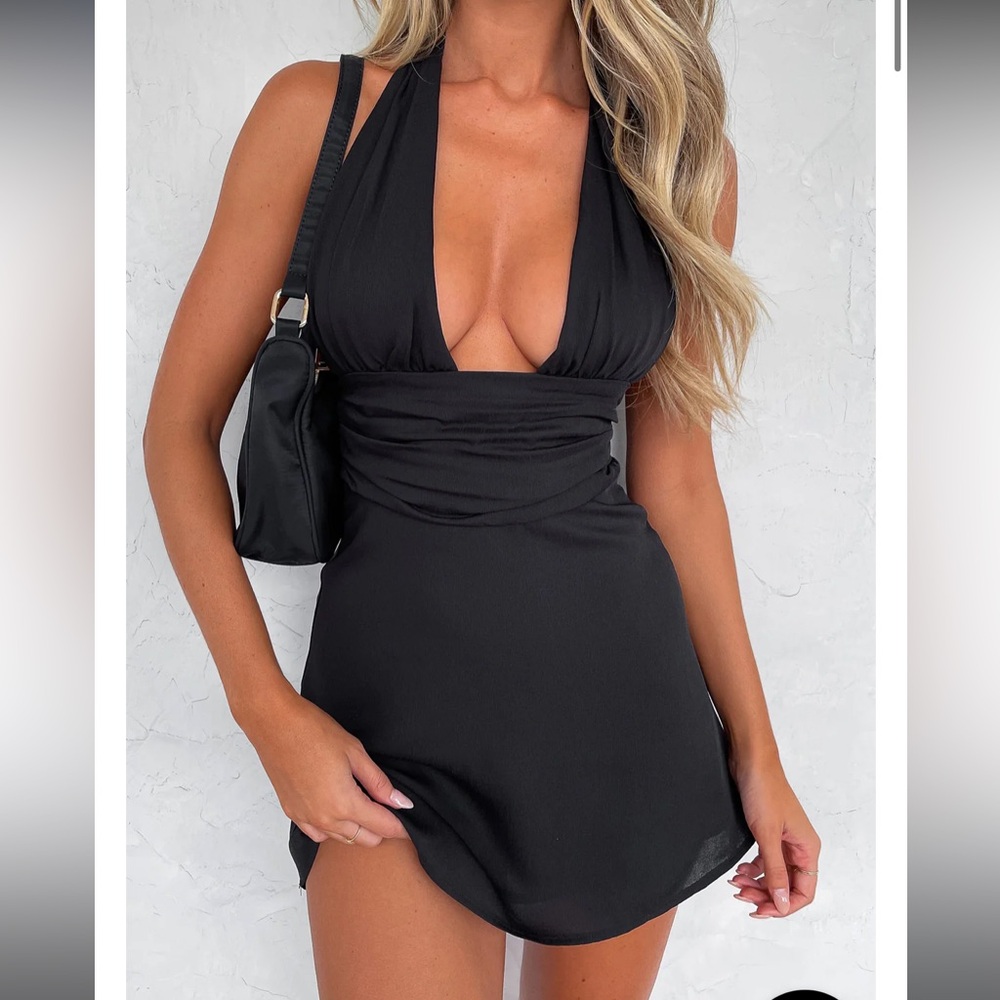 Black halter white fox dress